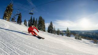 Skier on a groomed trail at Steamboat Resort