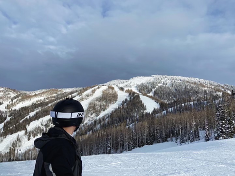 Skiing with mountain background 